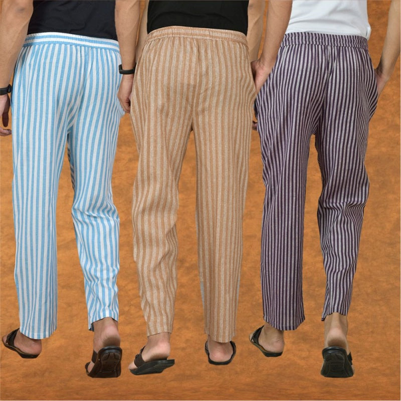 COMBO OF 3 MEN STRIPE COTTON HANDLOOM PANT BEIGE PURPLE AND SKY BLUE
