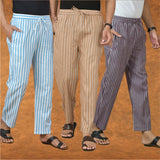 COMBO OF 3 MEN STRIPE COTTON HANDLOOM PANT BEIGE PURPLE AND SKY BLUE