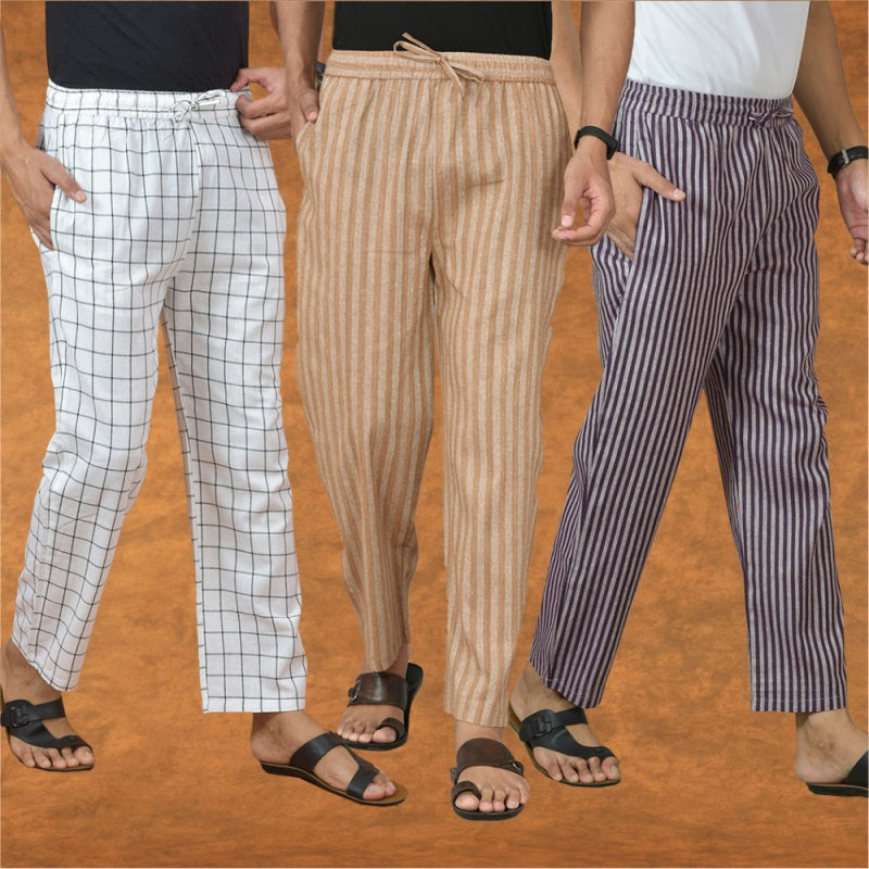 COMBO OF 3 MEN STRIPE COTTON HANDLOOM PANT BEIGE PURPLE AND WHITE