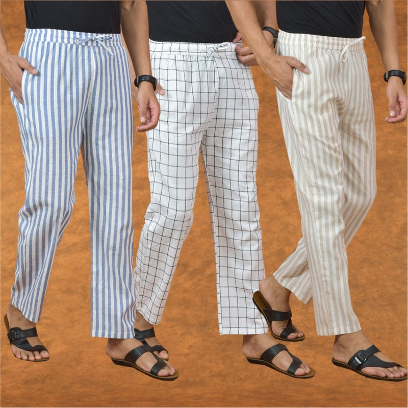 COMBO OF 3 MEN STRIPE COTTON HANDLOOM PANT BEIGE WHITE AND BLUE