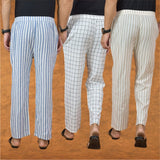 COMBO OF 3 MEN STRIPE COTTON HANDLOOM PANT BEIGE WHITE AND BLUE