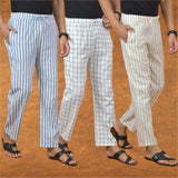 COMBO OF 3 MEN STRIPE COTTON HANDLOOM PANT BEIGE WHITE AND BLUE