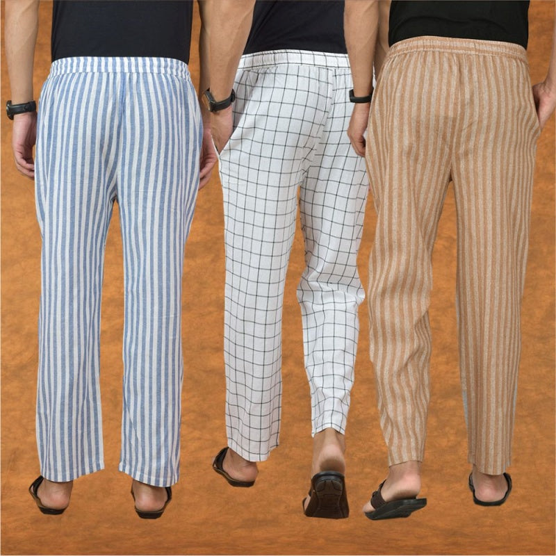 COMBO OF 3 MEN STRIPE COTTON HANDLOOM PANT BEIGE WHITE AND BLUE