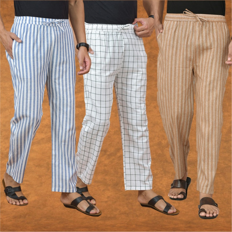 COMBO OF 3 MEN STRIPE COTTON HANDLOOM PANT BEIGE WHITE AND BLUE