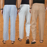 COMBO OF 3 MEN STRIPE COTTON HANDLOOM PANT BEIGE WHITE AND BLUE