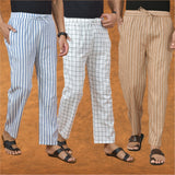 COMBO OF 3 MEN STRIPE COTTON HANDLOOM PANT BEIGE WHITE AND BLUE