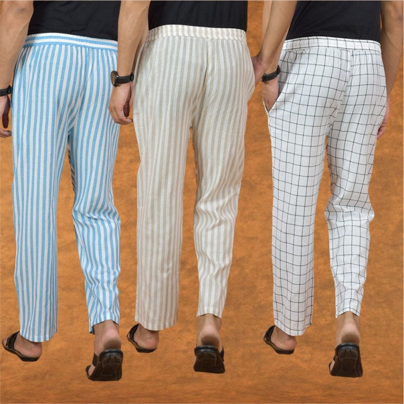 COMBO OF 3 MEN STRIPE COTTON HANDLOOM PANT BEIGE WHITE AND SKY BLUE