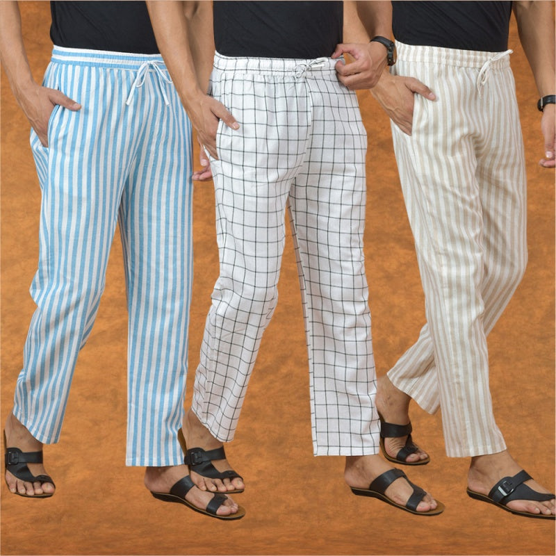 COMBO OF 3 MEN STRIPE COTTON HANDLOOM PANT BEIGE WHITE AND SKY BLUE