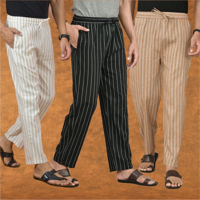 COMBO OF 3 MEN STRIPE COTTON HANDLOOM PANT BLACK BEIGE AND BEIGE