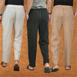 COMBO OF 3 MEN STRIPE COTTON HANDLOOM PANT BLACK BEIGE AND BEIGE