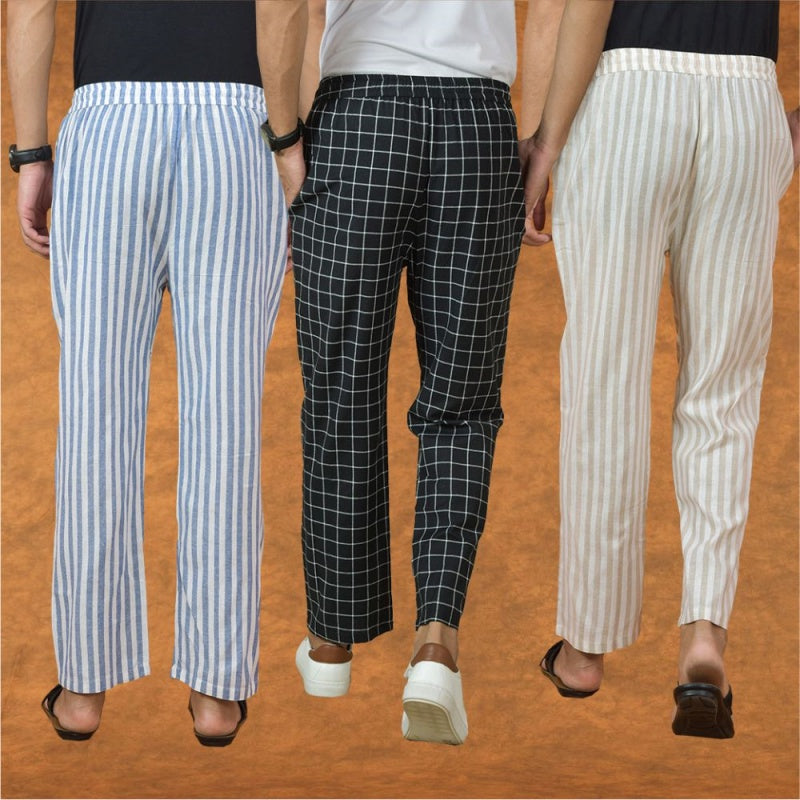 OMBO OF 3 MEN STRIPE COTTON HANDLOOM PANT BLACK BEIGE AND BLUE