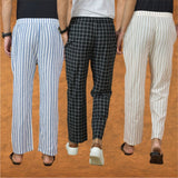 OMBO OF 3 MEN STRIPE COTTON HANDLOOM PANT BLACK BEIGE AND BLUE