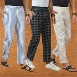OMBO OF 3 MEN STRIPE COTTON HANDLOOM PANT BLACK BEIGE AND BLUE