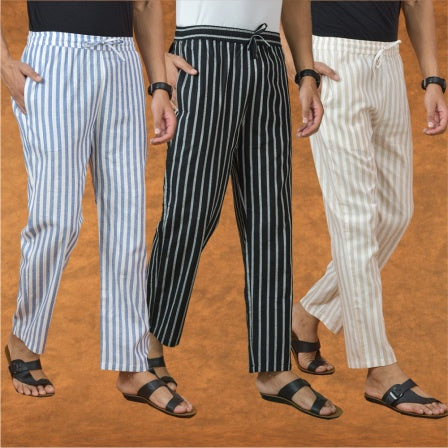 COMBO OF 3 MEN STRIPE COTTON HANDLOOM PANT BLACK BEIGE AND BLUE-15214