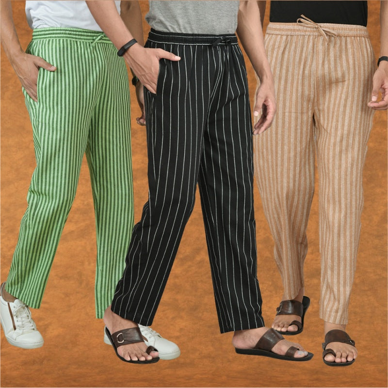 COMBO OF 3 MEN STRIPE COTTON HANDLOOM PANT BLACK BEIGE AND OLIVE GREEN