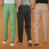 COMBO OF 3 MEN STRIPE COTTON HANDLOOM PANT BLACK BEIGE AND OLIVE GREEN