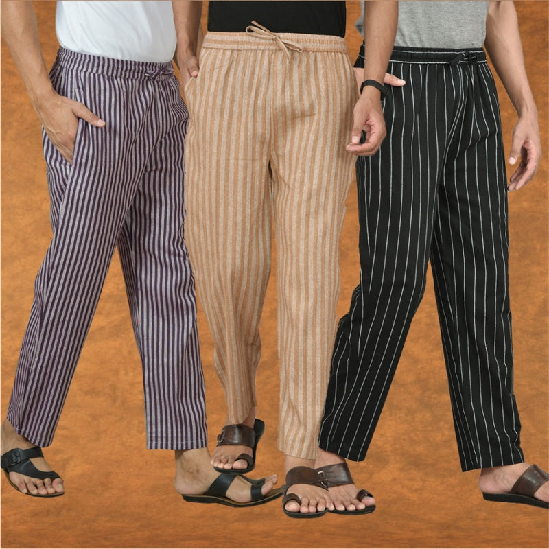 COMBO OF 3 MEN STRIPE COTTON HANDLOOM PANT BLACK BEIGE AND PURPLE