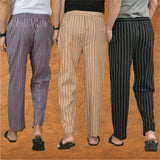COMBO OF 3 MEN STRIPE COTTON HANDLOOM PANT BLACK BEIGE AND PURPLE