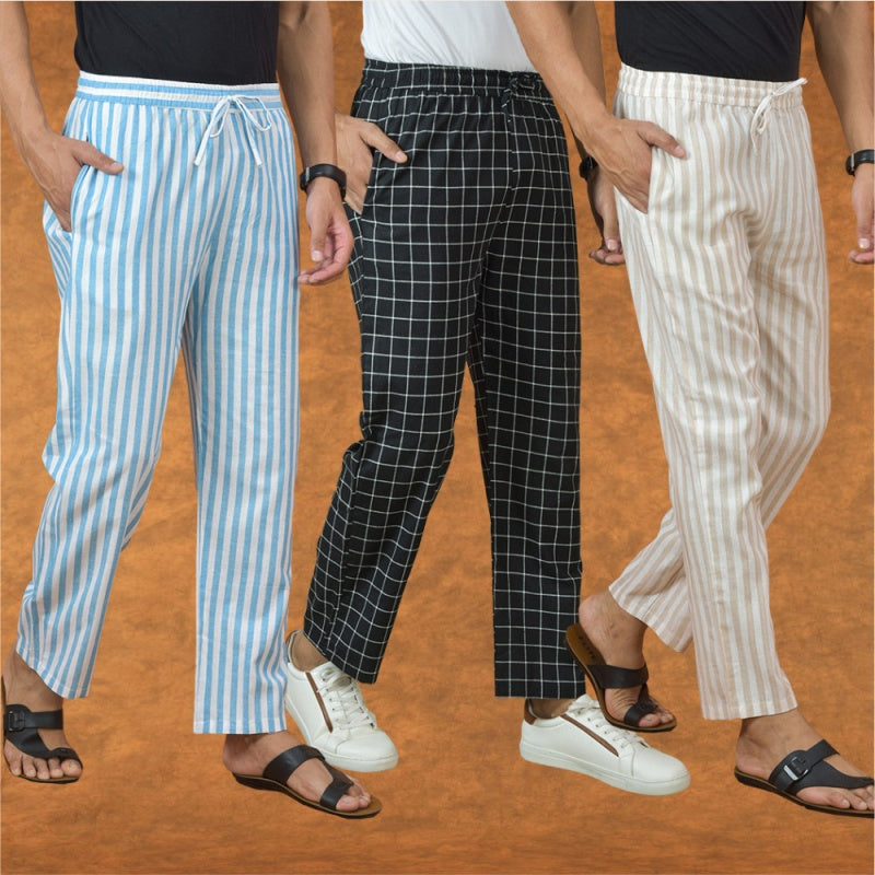 COMBO OF 3 MEN STRIPE COTTON HANDLOOM PANT BLACK BEIGE AND SKY BLUE