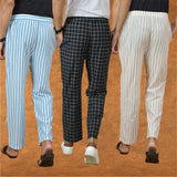 COMBO OF 3 MEN STRIPE COTTON HANDLOOM PANT BLACK BEIGE AND SKY BLUE
