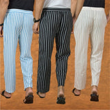 COMBO OF 3 MEN STRIPE COTTON HANDLOOM PANT BLACK BEIGE AND SKY BLUE