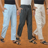 COMBO OF 3 MEN STRIPE COTTON HANDLOOM PANT BLACK BEIGE AND SKY BLUE