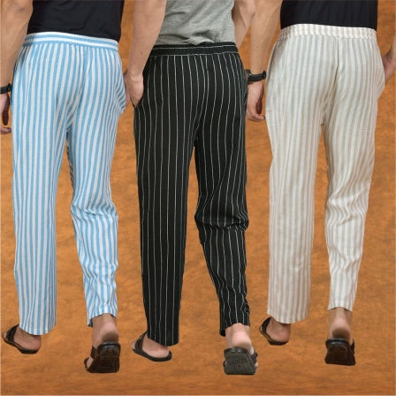 COMBO OF 3 MEN STRIPE COTTON HANDLOOM PANT BLACK BEIGE AND SKY BLUE