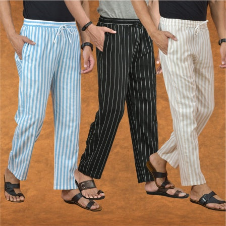 COMBO OF 3 MEN STRIPE COTTON HANDLOOM PANT BLACK BEIGE AND SKY BLUE