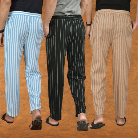 COMBO OF 3 MEN STRIPE COTTON HANDLOOM PANT BLACK BEIGE AND SKY BLUE