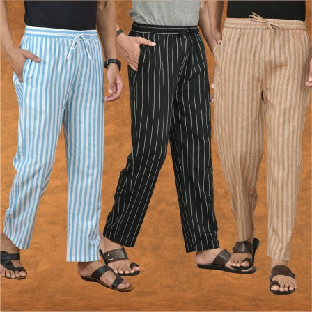 COMBO OF 3 MEN STRIPE COTTON HANDLOOM PANT BLACK BEIGE AND SKY BLUE