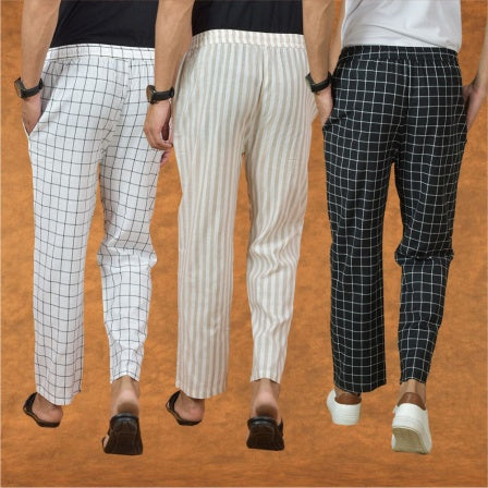 COMBO OF 3 MEN STRIPE COTTON HANDLOOM PANT BLACK BEIGE AND WHITE