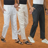 COMBO OF 3 MEN STRIPE COTTON HANDLOOM PANT BLACK BEIGE AND WHITE