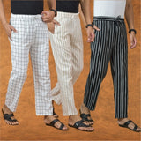 COMBO OF 3 MEN STRIPE COTTON HANDLOOM PANT BLACK BEIGE AND WHITE
