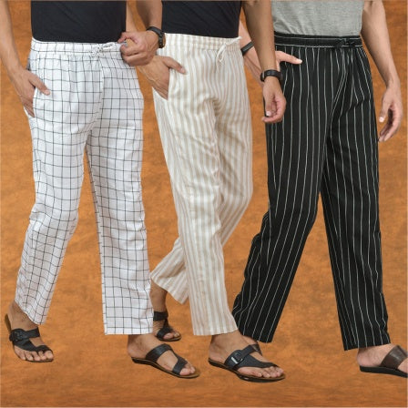 COMBO OF 3 MEN STRIPE COTTON HANDLOOM PANT BLACK BEIGE AND WHITE