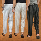COMBO OF 3 MEN STRIPE COTTON HANDLOOM PANT BLACK BEIGE AND WHITE