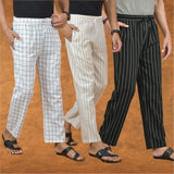 COMBO OF 3 MEN STRIPE COTTON HANDLOOM PANT BLACK BEIGE AND WHITE