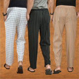 COMBO OF 3 MEN STRIPE COTTON HANDLOOM PANT BLACK BEIGE AND WHITE