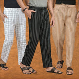 COMBO OF 3 MEN STRIPE COTTON HANDLOOM PANT BLACK BEIGE AND WHITE