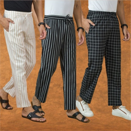 COMBO OF 3 MEN STRIPE COTTON HANDLOOM PANT BLACK BLACK AND BEIGE