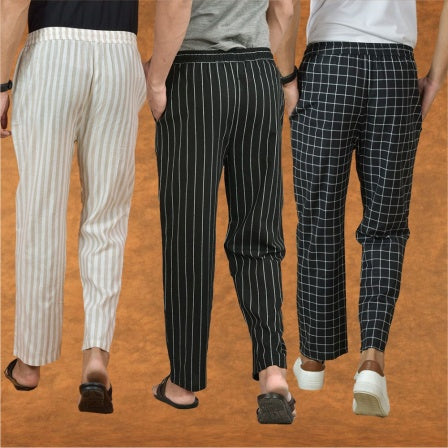 COMBO OF 3 MEN STRIPE COTTON HANDLOOM PANT BLACK BLACK AND BEIGE
