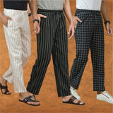 COMBO OF 3 MEN STRIPE COTTON HANDLOOM PANT BLACK BLACK AND BEIGE
