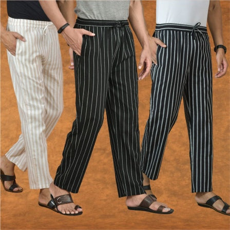 COMBO OF 3 MEN STRIPE COTTON HANDLOOM PANT BLACK BLACK AND BEIGE