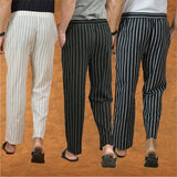 COMBO OF 3 MEN STRIPE COTTON HANDLOOM PANT BLACK BLACK AND BEIGE
