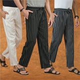 COMBO OF 3 MEN STRIPE COTTON HANDLOOM PANT BLACK BLACK AND BEIGE