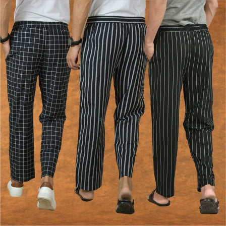 COMBO OF 3 MEN STRIPE COTTON HANDLOOM PANT BLACK BLACK AND BLACK