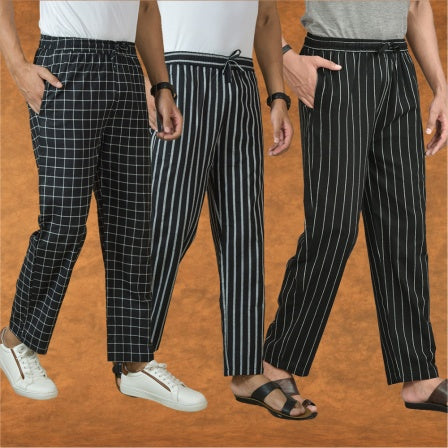 COMBO OF 3 MEN STRIPE COTTON HANDLOOM PANT BLACK BLACK AND BLACK