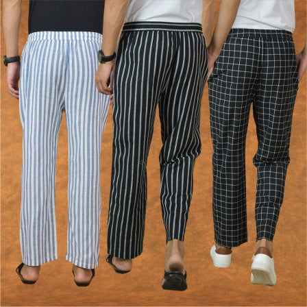 COMBO OF 3 MEN STRIPE COTTON HANDLOOM PANT BLACK BLACK AND BLUE