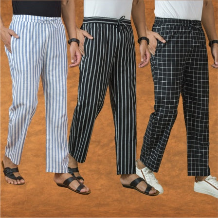 COMBO OF 3 MEN STRIPE COTTON HANDLOOM PANT BLACK BLACK AND BLUE