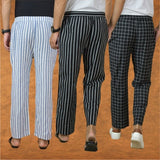 COMBO OF 3 MEN STRIPE COTTON HANDLOOM PANT BLACK BLACK AND BLUE