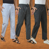 COMBO OF 3 MEN STRIPE COTTON HANDLOOM PANT BLACK BLACK AND BLUE